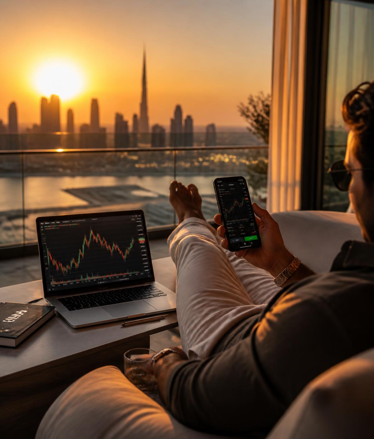 Trading forex from a phone on a luxury balcony overlooking the city